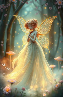 A whimsical, ethereal fairy immersed in a dreamlike landscape, surrounded by delicate blossoms and shimmering lights