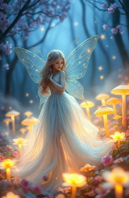 A whimsical, ethereal fairy immersed in a dreamlike landscape, surrounded by delicate blossoms and shimmering lights