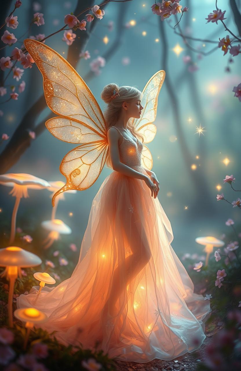 A whimsical, ethereal fairy immersed in a dreamlike landscape, surrounded by delicate blossoms and shimmering lights