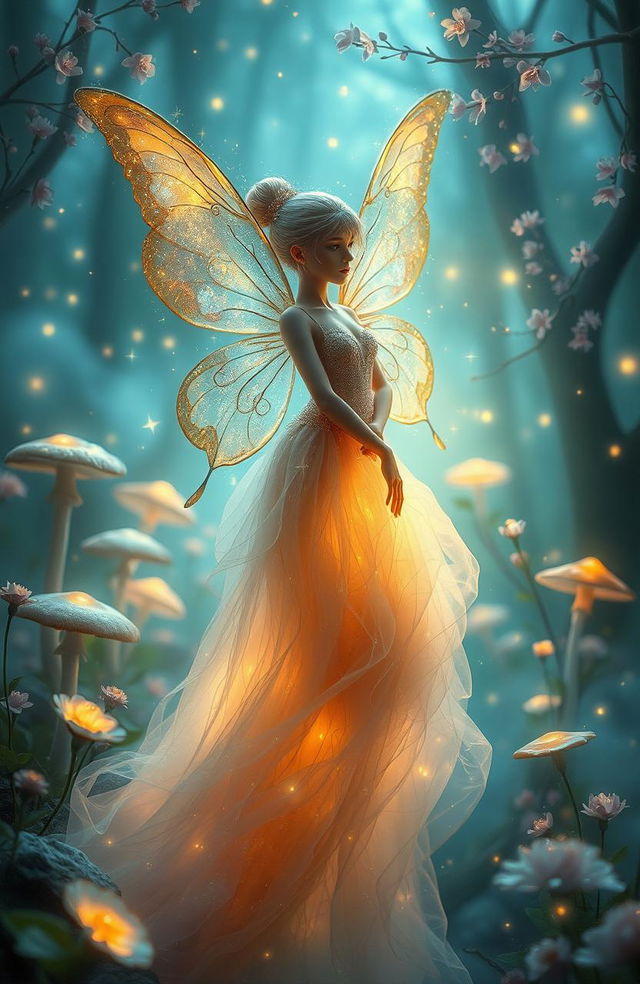 A whimsical, ethereal fairy immersed in a dreamlike landscape, surrounded by delicate blossoms and shimmering lights