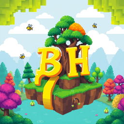 A 32x32 pixel art icon featuring the letters 'B' and 'H' in a bright yellow color, cascading playfully across the design