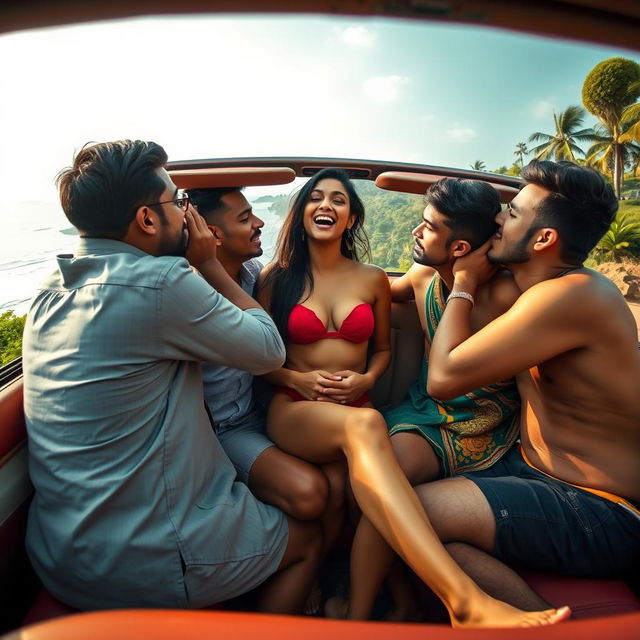 A vibrant and sensual scene set inside a convertible car on a scenic road trip in Goa, featuring a beautiful Indian girl with long legs, fully naked