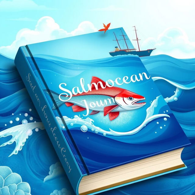 A beautifully illustrated book cover for 'Salmocean Journey', showcasing an enchanting palette of blue hues