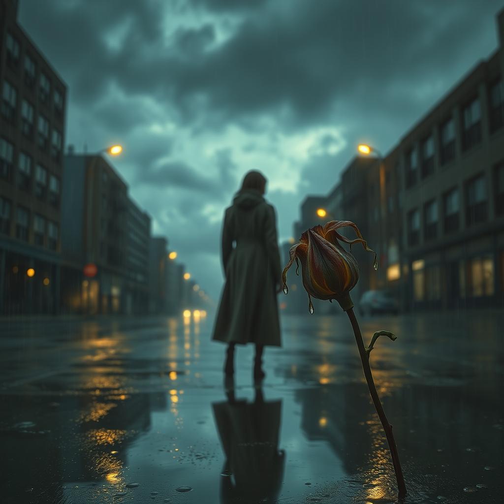 A poignant and melancholic scene depicting a lone figure standing on a desolate street at twilight, illuminated by dim streetlights, with a backdrop of rain-soaked urban buildings