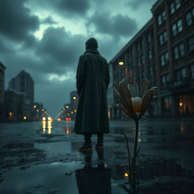 A poignant and melancholic scene depicting a lone figure standing on a desolate street at twilight, illuminated by dim streetlights, with a backdrop of rain-soaked urban buildings