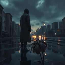 A poignant and melancholic scene depicting a lone figure standing on a desolate street at twilight, illuminated by dim streetlights, with a backdrop of rain-soaked urban buildings