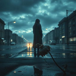 A poignant and melancholic scene depicting a lone figure standing on a desolate street at twilight, illuminated by dim streetlights, with a backdrop of rain-soaked urban buildings