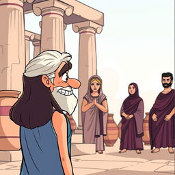 A cartoon-style illustration set in ancient Greece, featuring tall columns and clay amphorae in the background