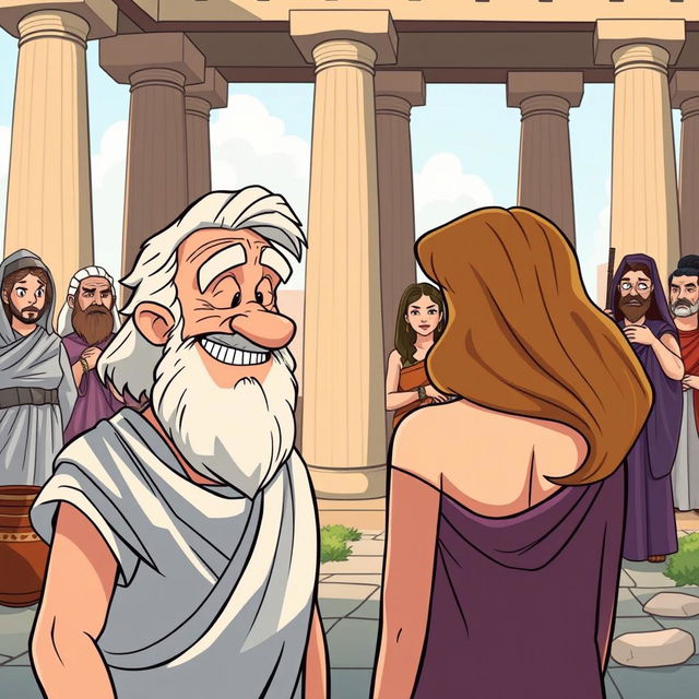 A cartoon-style illustration set in ancient Greece, featuring tall columns and clay amphorae in the background