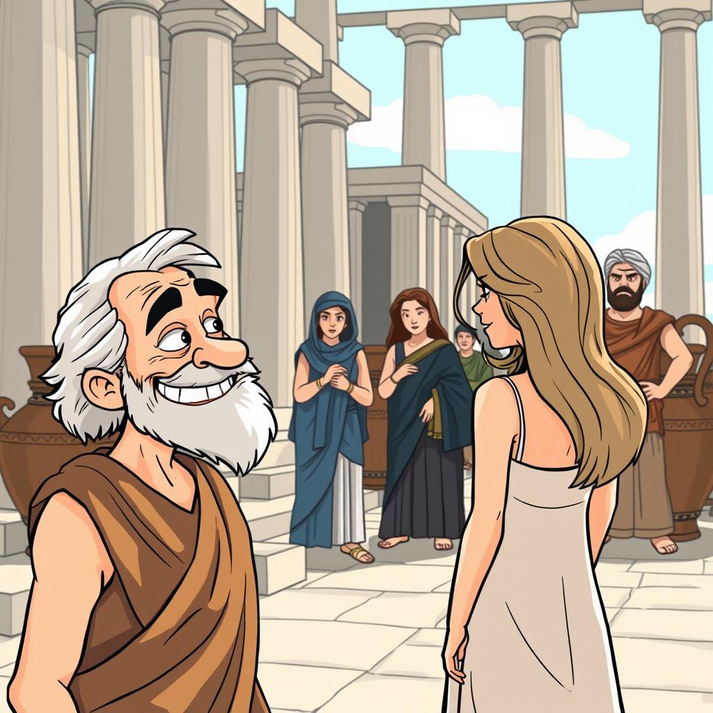 A cartoon-style illustration set in ancient Greece, featuring tall columns and clay amphorae in the background