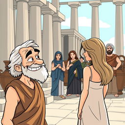 A cartoon-style illustration set in ancient Greece, featuring tall columns and clay amphorae in the background