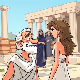 A cartoon-style illustration set in ancient Greece, featuring tall columns and clay amphorae in the background
