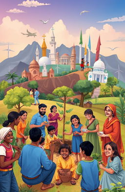 A vibrant and colorful illustration of a global church mission work, showcasing diverse groups of people from various cultures and ethnic backgrounds engaging in community service