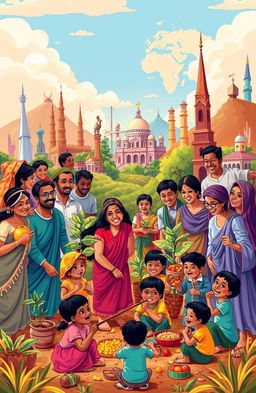 A vibrant and colorful illustration of a global church mission work, showcasing diverse groups of people from various cultures and ethnic backgrounds engaging in community service