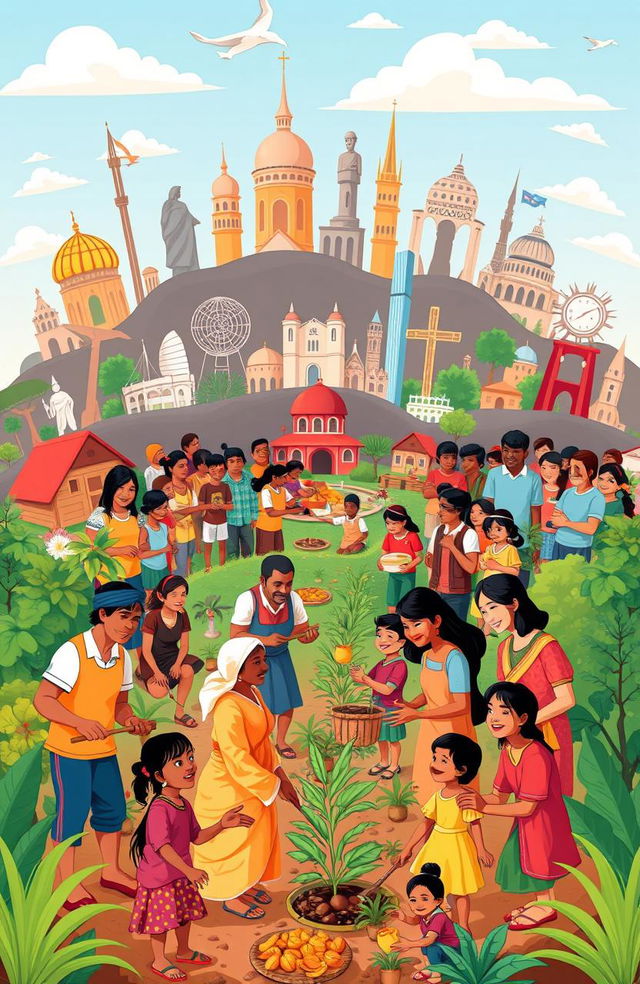 A vibrant and colorful illustration of a global church mission work, showcasing diverse groups of people from various cultures and ethnic backgrounds engaging in community service