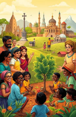 A vibrant and colorful illustration of a global church mission work, showcasing diverse groups of people from various cultures and ethnic backgrounds engaging in community service