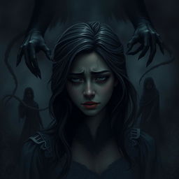 A poignant scene depicting Adriana, the protagonist, with a deep expression of sadness and despair, against a dark and moody backdrop