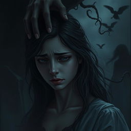 A poignant scene depicting Adriana, the protagonist, with a deep expression of sadness and despair, against a dark and moody backdrop