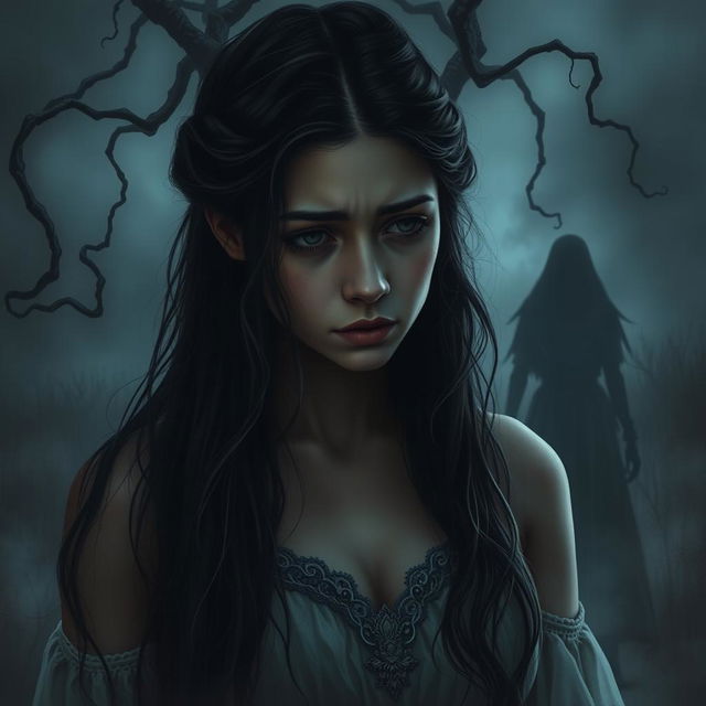 A poignant scene depicting Adriana, the protagonist, with a deep expression of sadness and despair, against a dark and moody backdrop