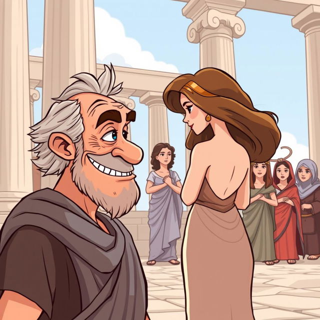 A cartoon-style illustration set in ancient Greece featuring prominent columns and amphorae in the background