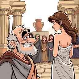 A cartoon-style illustration set in ancient Greece featuring prominent columns and amphorae in the background