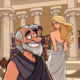 A cartoon-style illustration set in ancient Greece featuring prominent columns and amphorae in the background