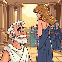 A cartoon-style illustration set in ancient Greece featuring prominent columns and amphorae in the background