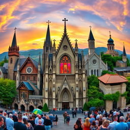 A stunning, panoramic view of various churches from around the world, showcasing their unique architectural styles and cultural significance