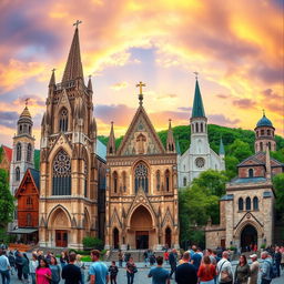 A stunning, panoramic view of various churches from around the world, showcasing their unique architectural styles and cultural significance