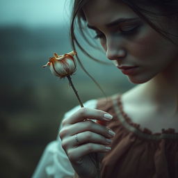 A reflective image of Adriana, the protagonist, holding a wilted flower, symbolizing the loss of innocence