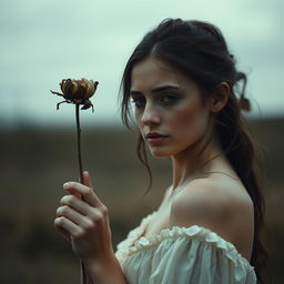 A reflective image of Adriana, the protagonist, holding a wilted flower, symbolizing the loss of innocence