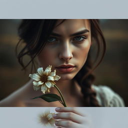 A reflective image of Adriana, the protagonist, holding a wilted flower, symbolizing the loss of innocence