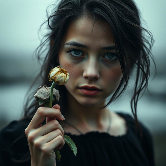 A reflective image of Adriana, the protagonist, holding a wilted flower, symbolizing the loss of innocence