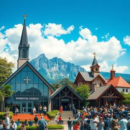 A captivating visual representation of evangelical churches around the world, showcasing a variety of architectural styles and cultural elements