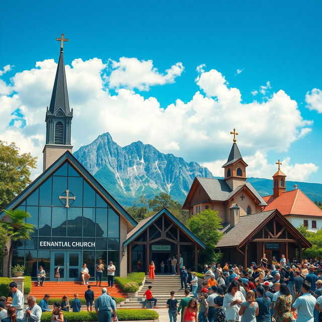 A captivating visual representation of evangelical churches around the world, showcasing a variety of architectural styles and cultural elements