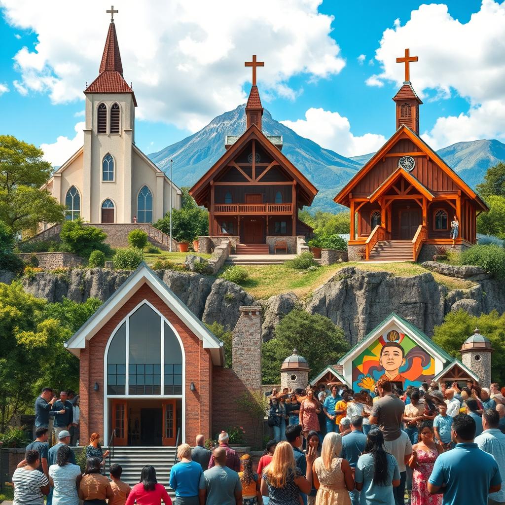 A captivating visual representation of evangelical churches around the world, showcasing a variety of architectural styles and cultural elements