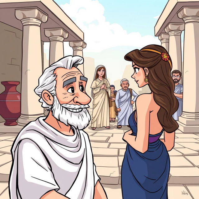 A cartoon-style illustration set in ancient Greece, featuring classical columns and amphorae in the background