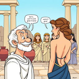 A cartoon-style illustration set in ancient Greece, featuring classical columns and amphorae in the background
