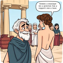 A cartoon-style illustration set in ancient Greece, featuring classical columns and amphorae in the background