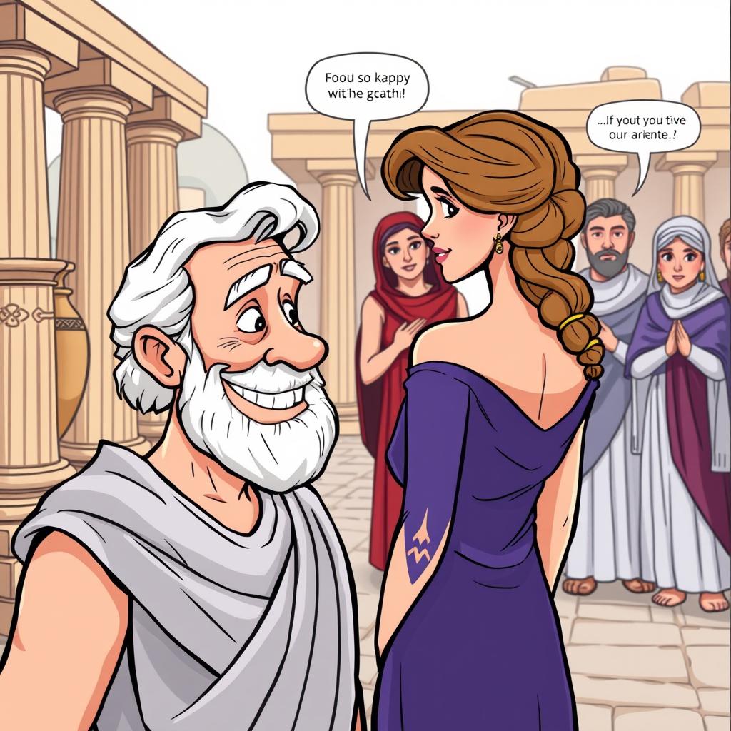 A cartoon-style illustration set in ancient Greece, featuring classical columns and amphorae in the background