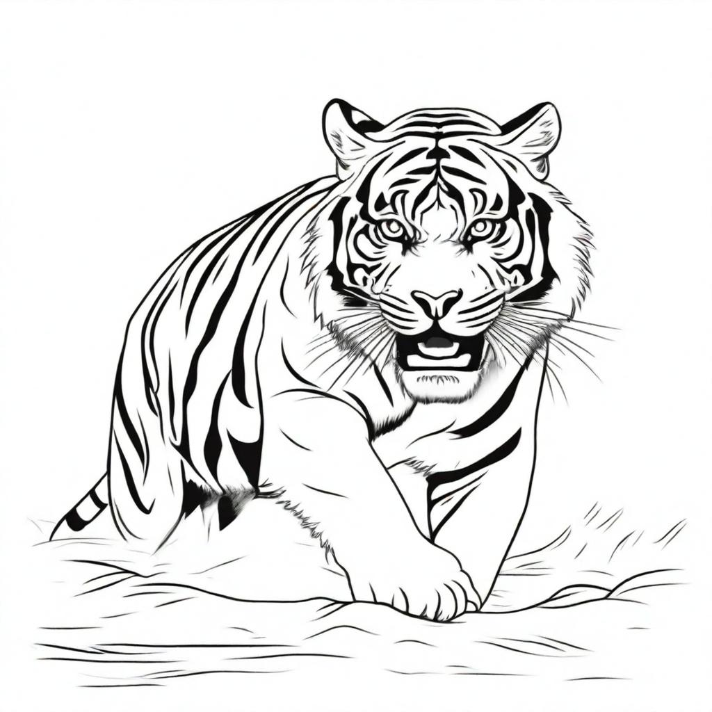 Illustration of a full-bodied, aggressive tiger against a stark white background.