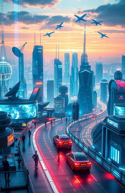A futuristic representation of information and communication technology, featuring a sleek, high-tech cityscape with glowing digital screens, satellite dishes, and technological advancements