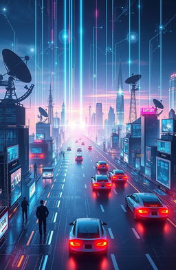 A futuristic representation of information and communication technology, featuring a sleek, high-tech cityscape with glowing digital screens, satellite dishes, and technological advancements