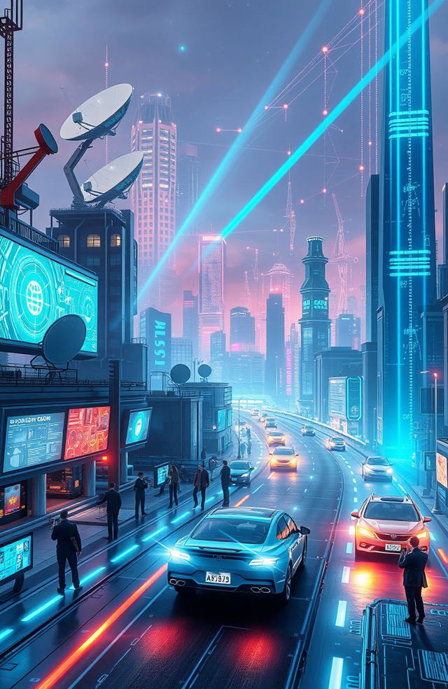 A futuristic representation of information and communication technology, featuring a sleek, high-tech cityscape with glowing digital screens, satellite dishes, and technological advancements