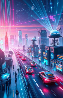 A futuristic representation of information and communication technology, featuring a sleek, high-tech cityscape with glowing digital screens, satellite dishes, and technological advancements