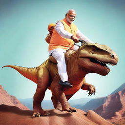 An image of Narendra Modi riding a dinosaur in an adventurous context.