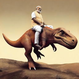 An image of Narendra Modi riding a dinosaur in an adventurous context.