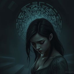 An evocative scene featuring Adriana, the protagonist, looking down with a sorrowful expression, reflecting her inner sadness
