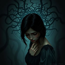 An evocative scene featuring Adriana, the protagonist, looking down with a sorrowful expression, reflecting her inner sadness