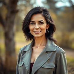 A realistic full-body photograph of a 35-year-old European woman with dark hair, wearing stylish clothing